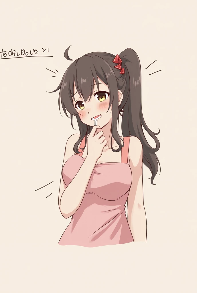 1girl,solo,yuuki mikan,, ,brown hair,, ,1girl,,,medium breasts,,open mouth,,cowboy shot,smile,(spoken heart),simple background,grey background,looking viewer,bare shoulder,micro skirt,cowboy shot,thighhighs,(lovey,cute),standing,panties,arms behind back,closed mouth,side boob,from side