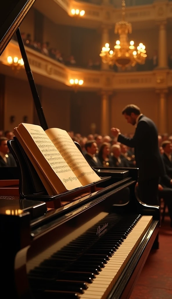 "hyperrealistic color photograph de una sala de conciertos del siglo XIX, many years after the death of Fanny Mendelssohn.
in the center of the stage, a black grand piano with an open lid shines under the light of golden chandeliers. On the piano stand, an open score with the name "Fanny Mendelssohn" written in calligraphy is illuminated by a soft reflection gold, symbolizing the recognition that came too late.
In the background, a gala audience observes in silence, while an orchestra director of the time bends slightly to, as if he were presenting one of his compositions to the world for the first time.
The scene transmits posthumous honor, rediscovery and the thrill of seeing his music finally recognized.
hyperrealistic color photograph, warm lighting with dramatic contrasts, detailed textures in the piano wood, the score and the silk of the audience's clothing. seed: 32456789."