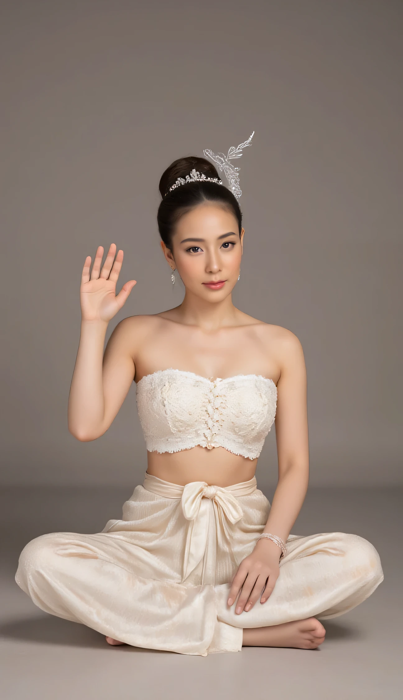Thai girl sitting folded up, Raising her right hand, waving her hand, wearing old Thai clothes, anatomically correct