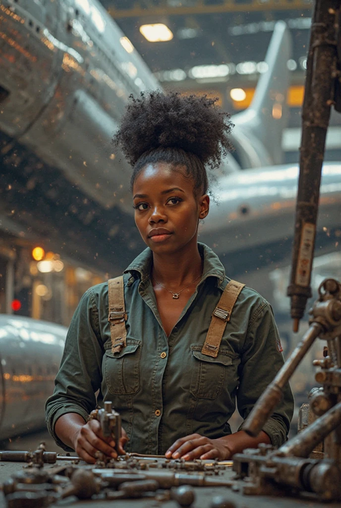 (medium full shot) of (resolute ghostbuster) young woman, black american, dark skin, black eyes, voluptuous build, long dark retro hair, wearing a dark green jumpsuit, equipped with carrying a Neutrona wand, radio communicator, set in a secret underground lab, with hidden entrances, high-security doors, strange experiments, and dim lighting, during sunset, woman smiling, ,Masterpiece,best quality, photo, realistic, very aesthetic, detailed face,