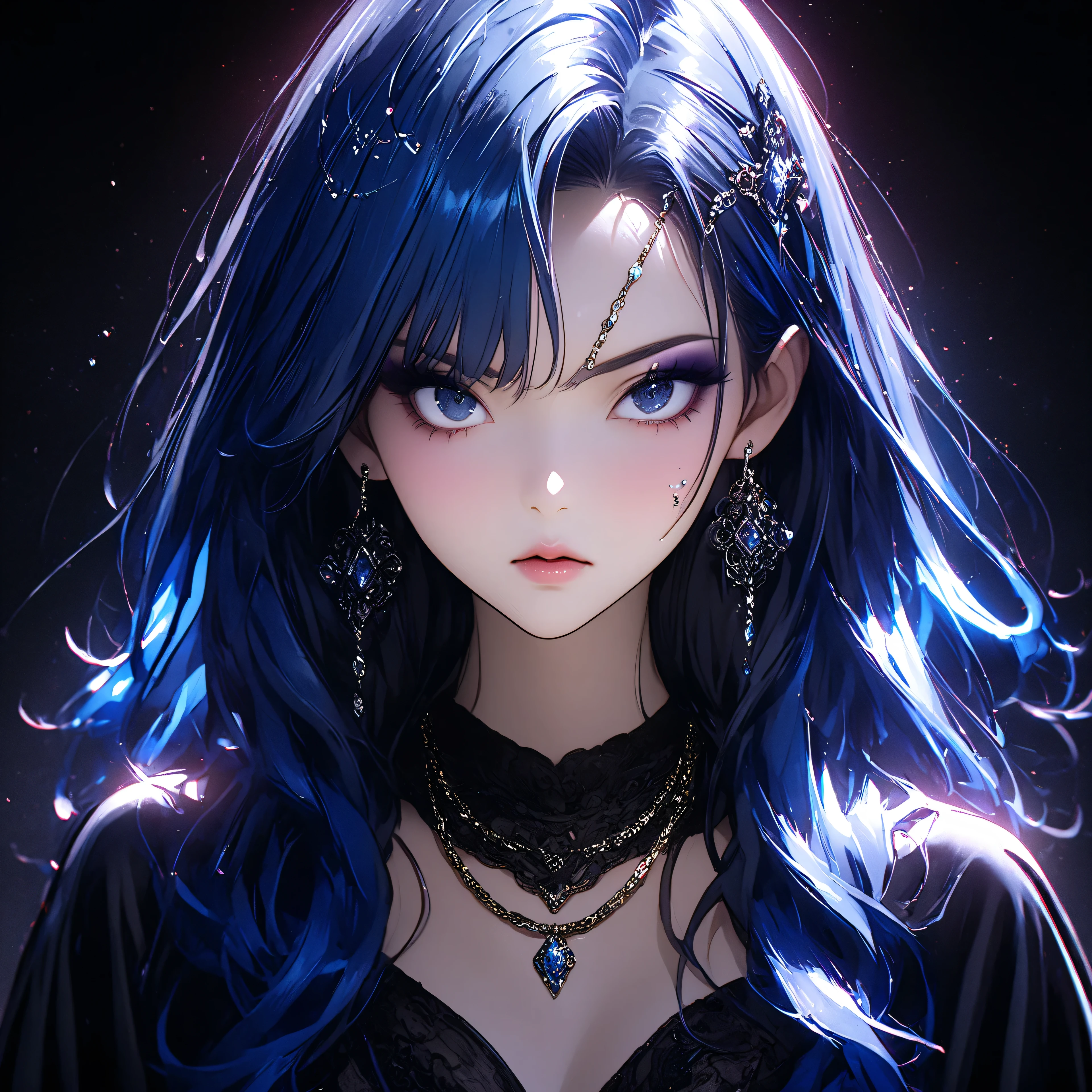best quality、 ultra-precise depiction、 bright colors、beautiful oriental woman 、aldult、fashion photo、Artistic、Oil Wind、One person、up、portrait、40 years old、tall、long legs、 accurate facial depiction、 Darkness、spotlight、 Kasumi、Blackout、metal bed、Black Bikini Armor、レースup、Beautiful big 、Blue Hair、straight hair、 skin radiance、 hair conceals face、painful expression、 painful、Sweating、Beautiful figure 、random suspect、Hitoye、Light、Half an eye、droopy eyes、Cut length、sharp eyes on wrists、stares、angry、 Tilt Your Head、hair ornament、heavy makeup、blue rouge、dark eyeliner、eyeshadow、Glitter on hair 、slender figure、metal chain、 Lots of Gems、jewel necklace 、ring、 bangle、earrings、headband