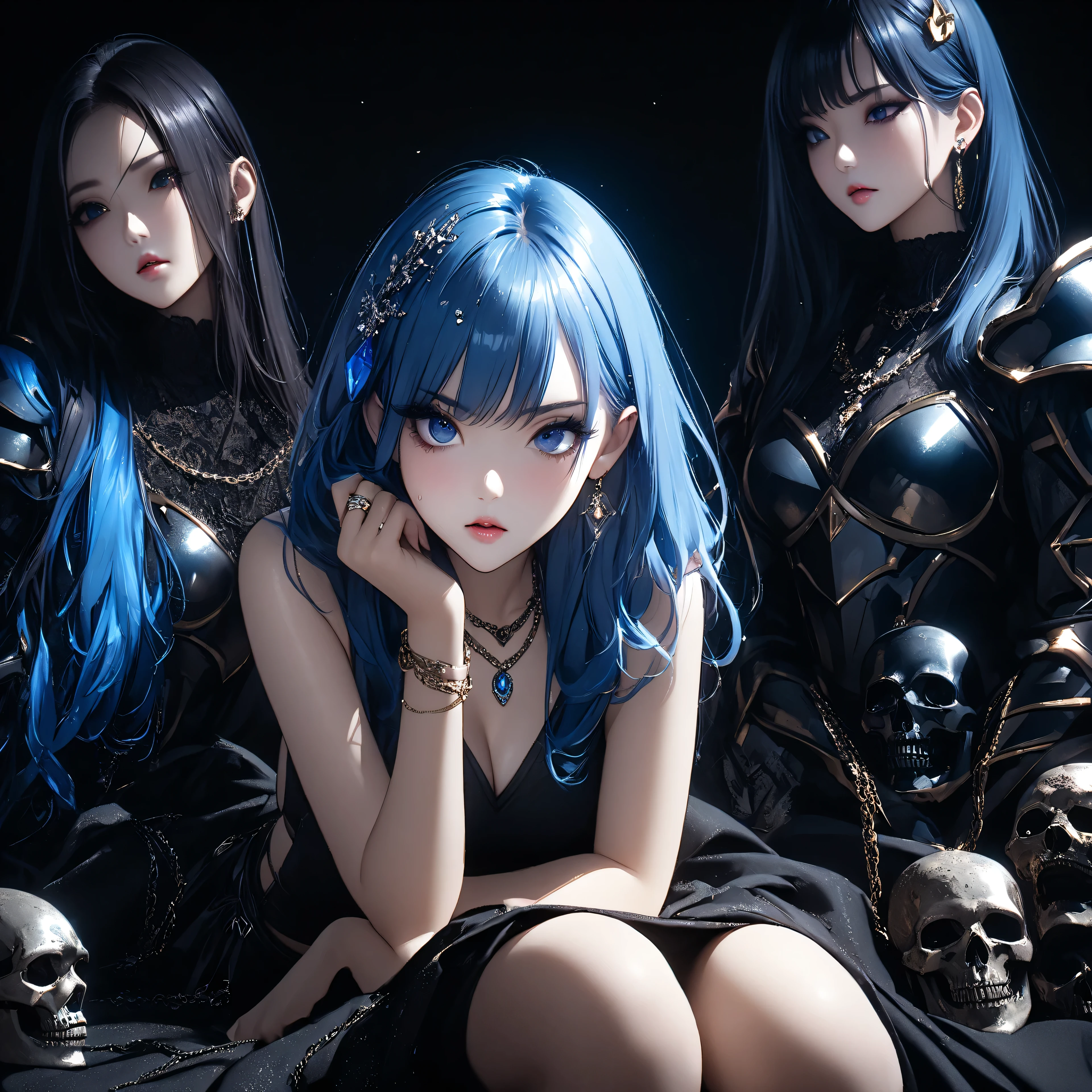  best quality、 ultra-precise depiction、 bright colors、beautiful oriental woman 、aldult、fashion photo、Artistic、Oil Wind、One person、up、portrait、40 years old、tall、long legs、 accurate facial depiction、 Darkness、spotlight、 Kasumi、Blackout、metal bed、Black Bikini Armor、レースup、Beautiful big 、Blue Hair、straight hair、 skin radiance、  hair conceals face、painful expression、 painful、Sweating、Beautiful figure  、random suspect、Hitoye、Light、Half an eye、droopy eyes、Cut length、sharp eyes on wrists、stares、angry、 Tilt Your Head、hair ornament、heavy makeup、blue rouge、dark eyeliner、eyeshadow、Glitter on hair 、slender figure、metal chain、  Lots of Gems、jewel necklace 、ring、 bangle、earrings、headband
