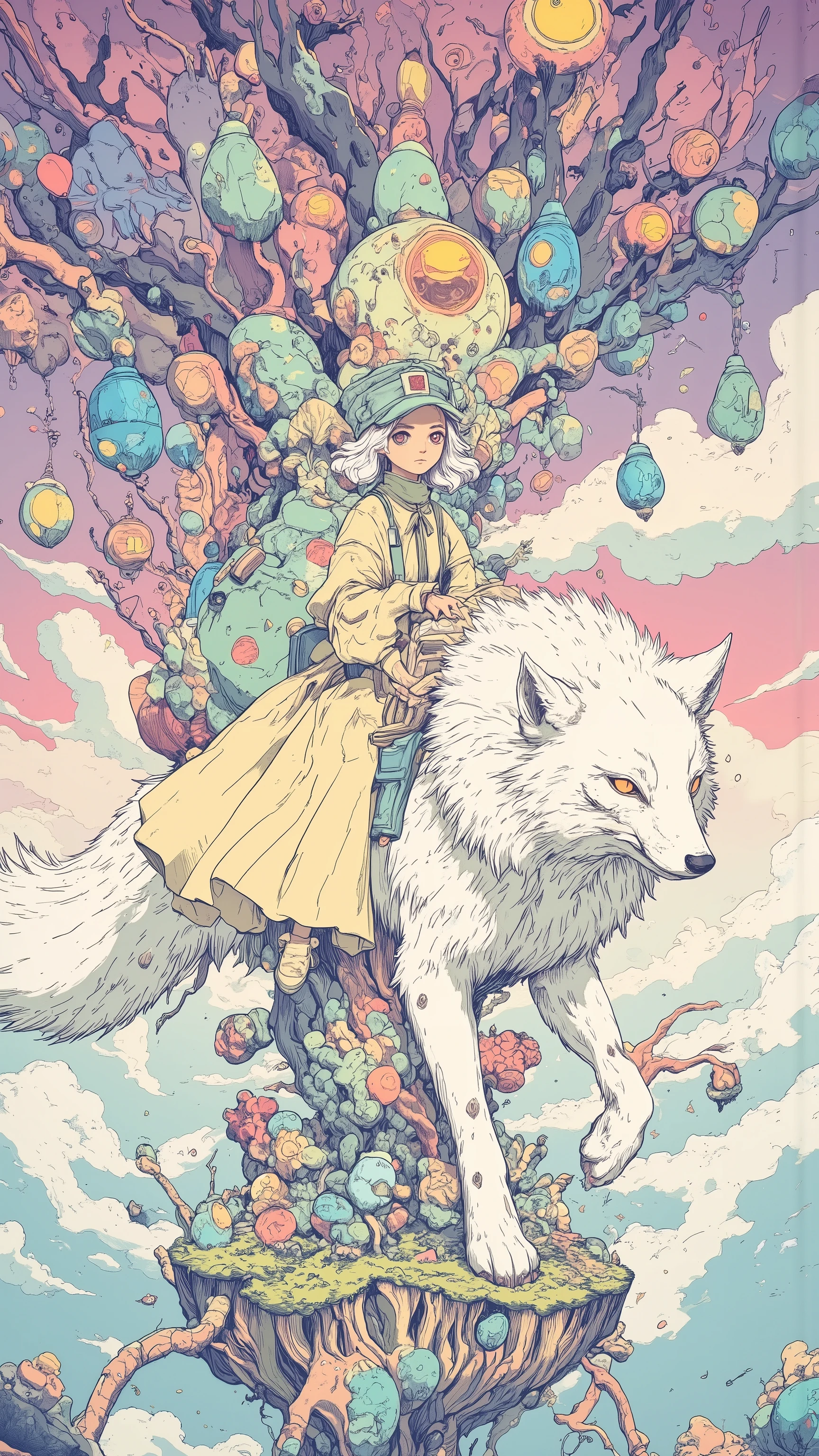 Imagine,The unreal colors in the sky have purple and pink gradients,Create a dreamy atmosphere,and thousands of crystal flower pots upside down in the air,The roots grow upward and wind up into a floating island, girl(silver-white curls, long hair,gentleman hat with a mint green head,cream long dress,off-white canvas shoes)ride a giant snow fox in the lake