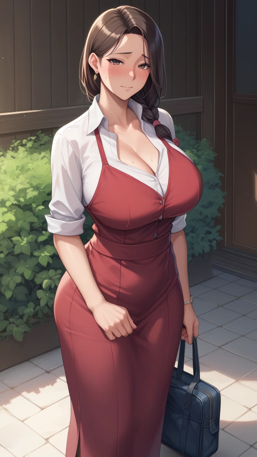 akari watanabe FEMALE, big breasts, voluminous breasts, curvy breasts, mesh stockings, standing with a bouquet (red roses), full height, bottom view, best quality, very detailed, ultra 8k resolution, huge breast, coat, vest, long skirt, portrait, full body, victorias clothing, long dress, knight, pants, black skinn suit, medieval city, plants, vest,polo shirt, forest, long skirt