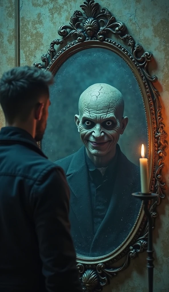 A friend looking in the mirror, where your reflection shows two faces: a friendly and smiling, and another with a malicious and treacherous expression. The surrounding environment is dark and cold in tone., emphasizing the contrast between appearance and reality