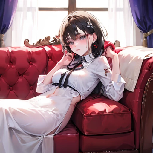 ((((absurdres, RAW photo, extremely delicate and beautiful, masterpiece, Best Quality, ultra high resolution, 32k, hyperrealistic, ultra-detailed)))), in her 20s, very Slim body, narrow waist, very small head, very small face, delicate facial features, beautiful face, beautiful eyes, very huge round tits, medium hair, black hair, wavy hair, tearful mole, earring, full body shot, off-the-shoulder cut top, sofa,