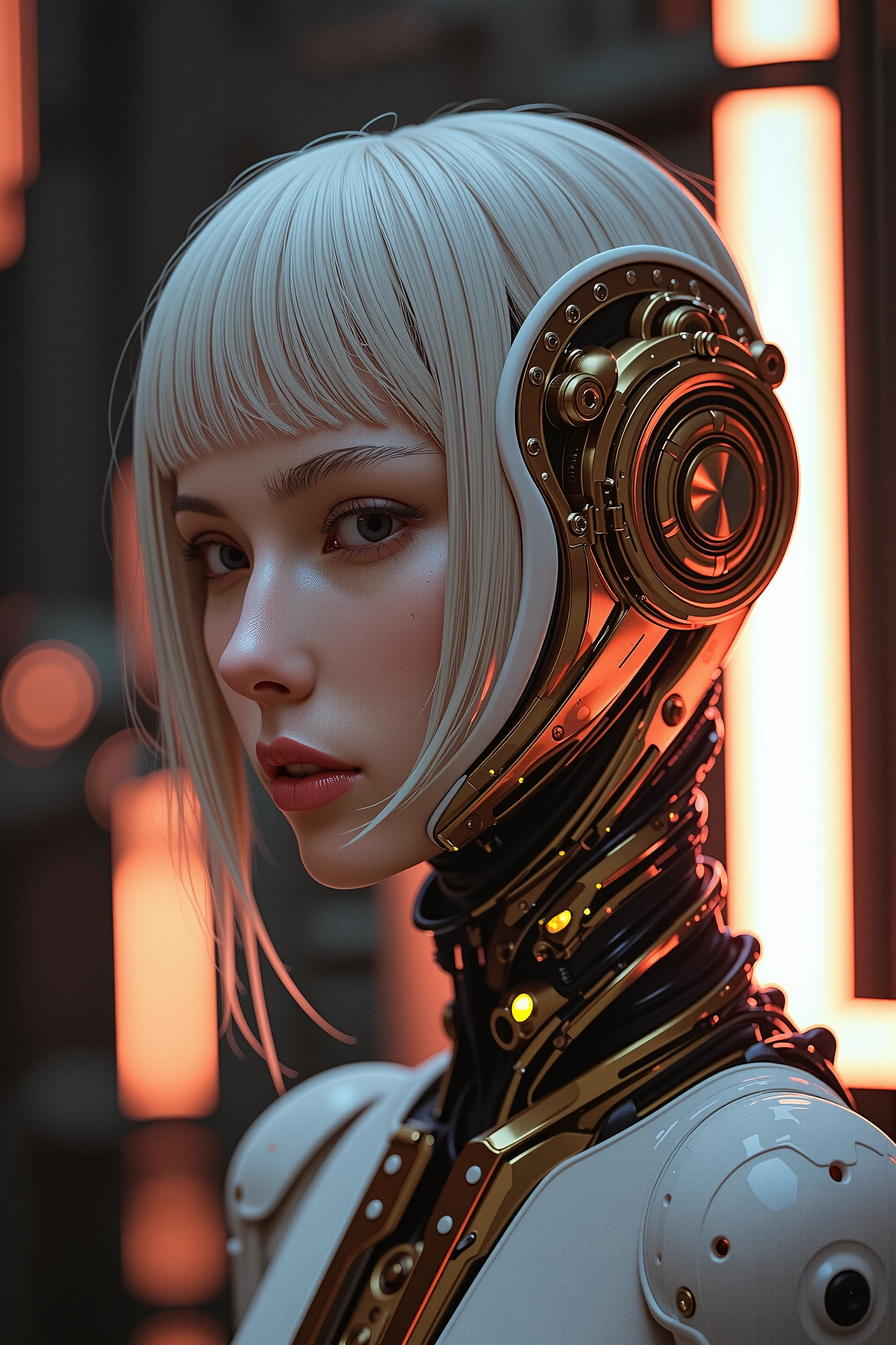Very detailed close-up of the face of a cyborg with a woman's face, with soft skin, deep and expressive eyes , loose natural hair and soft lips, futuristic aesthetic , with deep shadows that accentuate mechanical complexity and subtle lighting that highlights the natural beauty of human features. The environment should have a soft science-fiction glow, with soft, Warm neon lighting that highlights the fusion of the organic. photorealistic, hyperrealistic
