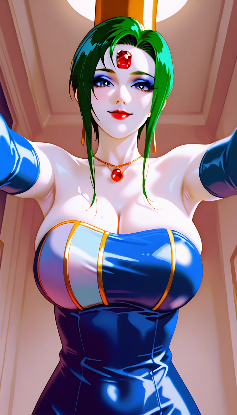 masterpiece, high quality, extremely detailed, 1girl, mature female, solo, guilty \(nikke\), gigantic breasts, black hair, green colored inner hair, purple eyes, parted lips, outfit-iris, demon horns, elbow gloves, purple thighhighs, purple wings, sitting on the bed, blush, light smile, bedroom, night
