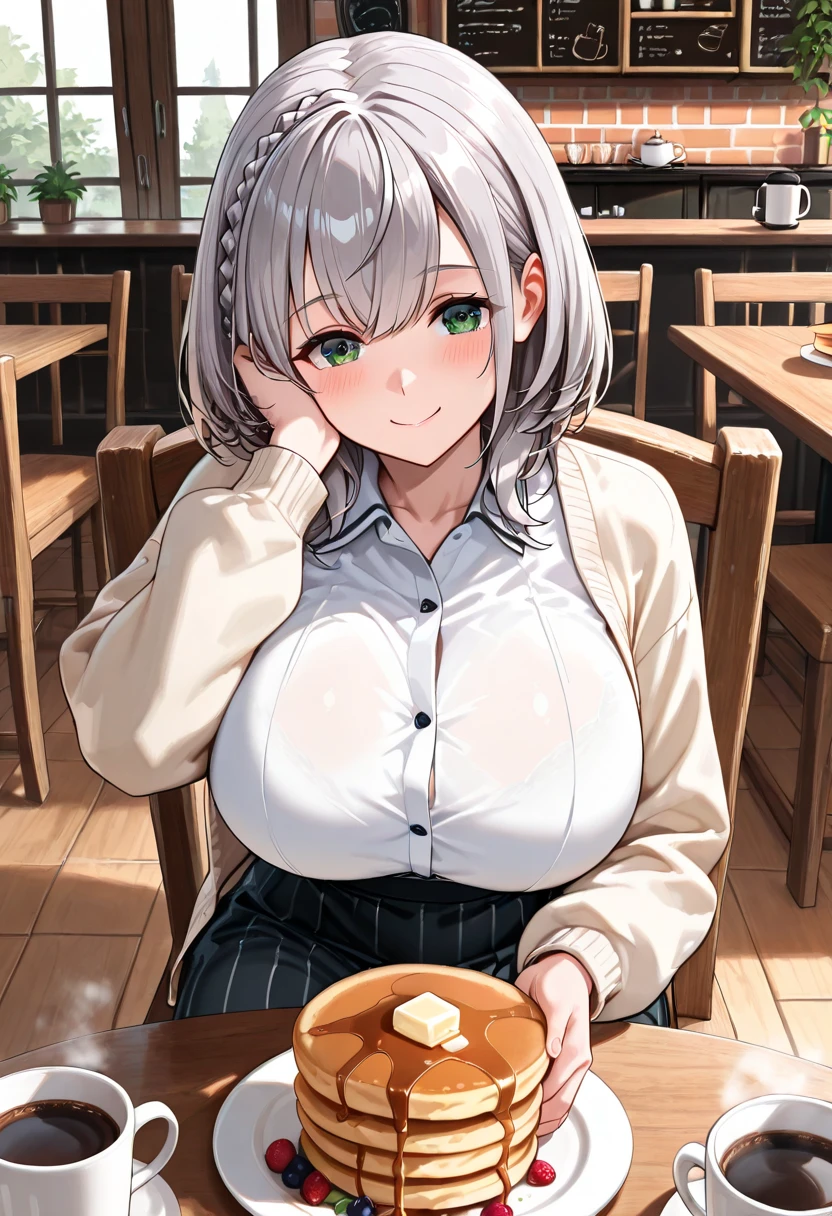 masterpiece、Highest quality、Very detailed、An illustration、Beautiful attention to detail、One Girl、cute、Detailed landscape、Library Background、Gray Hair、Braided Ponytail、Red camisole、((D cup breasts, T-shirts that reveal cleavage:1.3))、High Angle、Eat a parfait