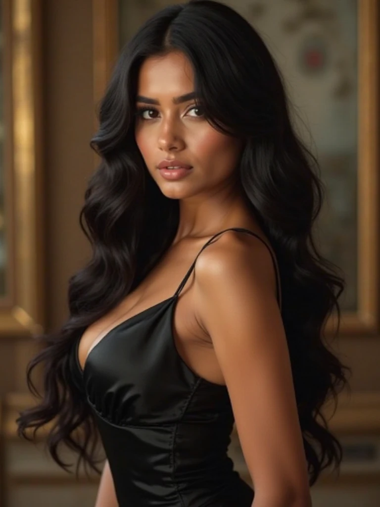 melhor qualidade, alto_Resolução, distinto_imagem, hindi woman with long, wavy black volumous hair, black eyes, plump dark red lips, wearing a dark vintage dress with Latin-inspired patterns, such as flowers and geometric shapes. The dress features puffed sleeves and a wide belt. The look is completed with large hoop earrings, and retro-style mid-heeled shoes. Sensual and confident pose. 
