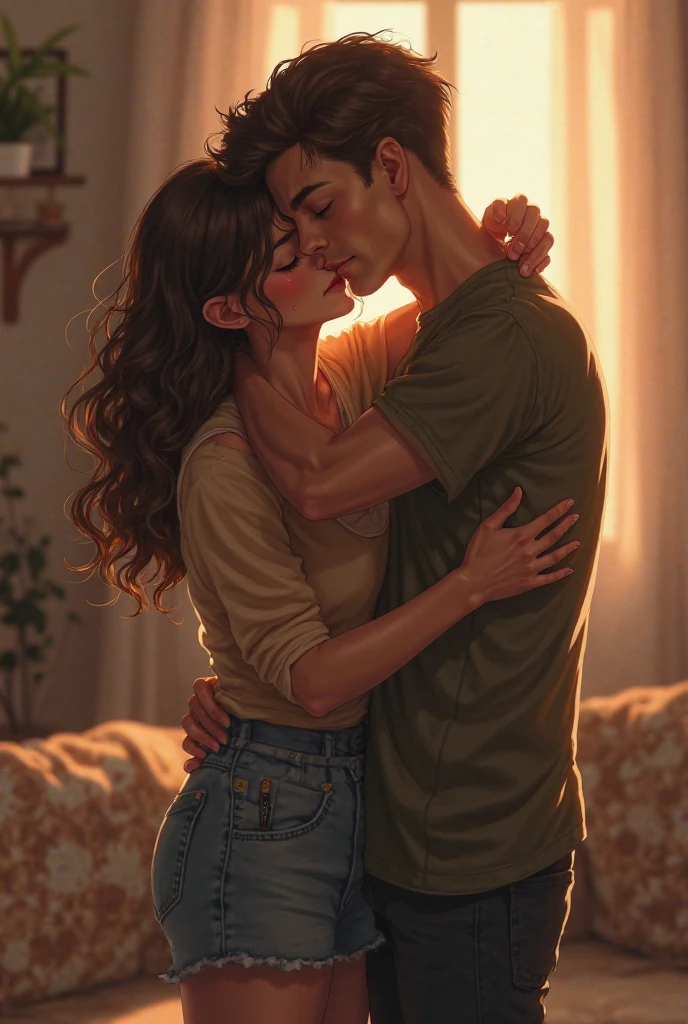 Brown haired girl, big boobies, 
green and short blouse , big ass hugging a boy with glasses and black hair, at night
