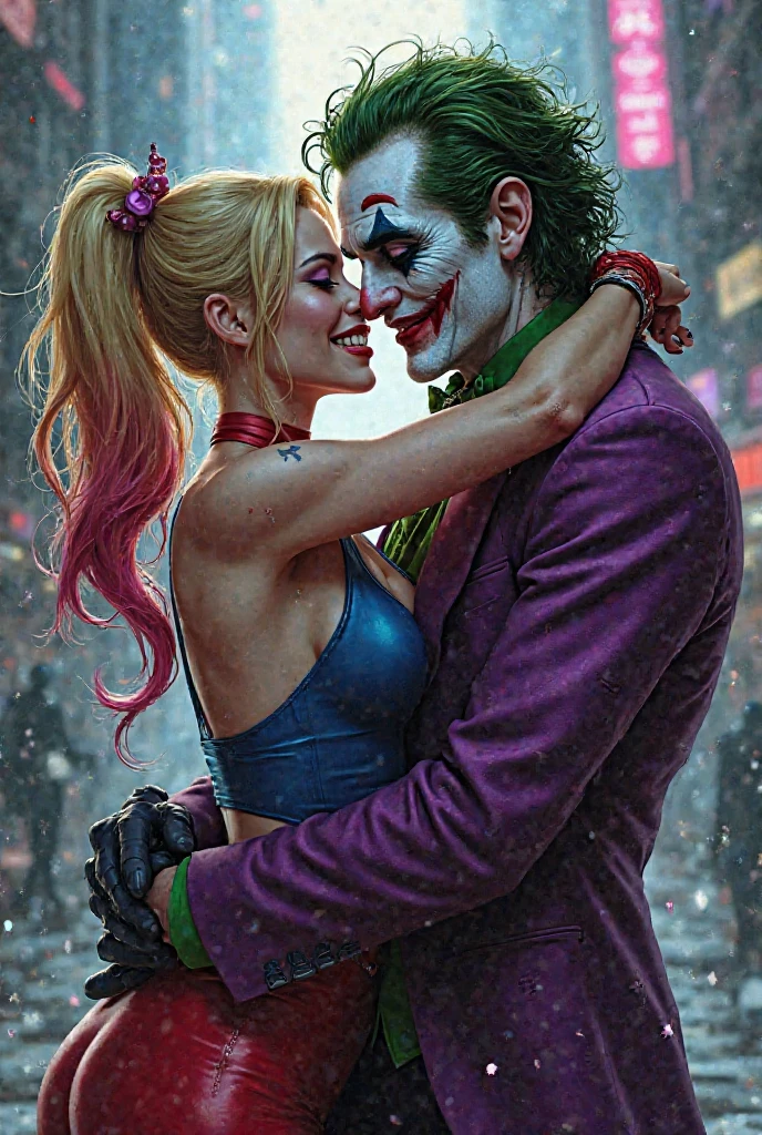 In a swirling cloud of toxic green, the doomed dance of the Joker and Harley Quinn unfolds. Their twisted love story is reflected in their eerie, poison-tinged auras, sending a shiver down the spine of anyone who dares to witness their chaotic chemistry. This haunting image captures a moment of tension and passion between the two iconic characters from the DC universe. The scene is depicted in a beautifully detailed painting, showcasing the intricate details of their costumes and expressions. The vibrant colors and dynamic composition add depth and emotion to the portrayal, making it a truly unforgettable piece of art.