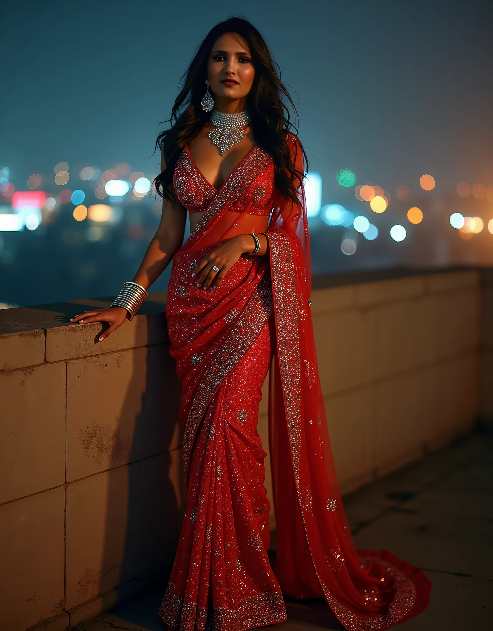araffe woman in a red sari laying on the ground, very seductive pose, elegant pose, stunning elegant pose, seductive pose, beautiful pose, glamorous pose, indian super model, dressed in a sari, 7 0 mm. dramatic lighting, glamour pose, candid!! dark background, traditional beauty, elegant seducing pose, mid shot portrait, attractive pose, sexy pose, big , sexy cleavage show, wet body