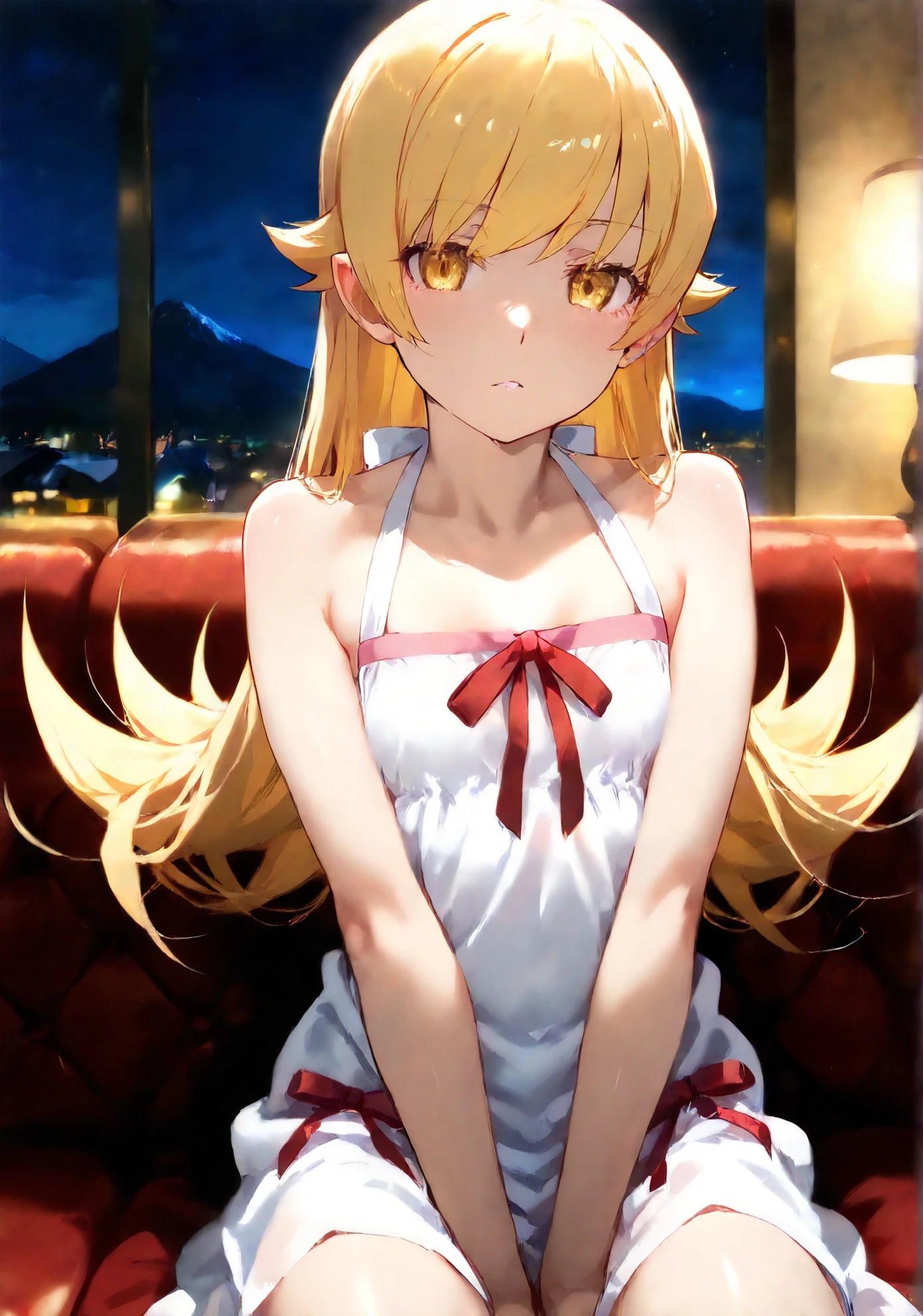 oshinoshinobu, oshinoshinobu, Helmet, goggles, Strap slip, goggles on head, 8k, masterpiece, Absurd, anime, Long Hair, bangs, blunt bangs, (Vermilion eyes:1.1), blonde, smile, break looking at viewer, (Cowboy Shot:1.5), break (masterpiece:1.2), Highest quality, High resolution, unity 8k wallpaper, (shape:0.8), (Beautiful attention to detail:1.6), Highly detailed face, Perfect lighting, Extremely detailed CG, (Perfect hands, Perfect Anatomy), (3D Face:1.1), (Glowing Skin:1.5), (超High resolution intricate face details), (Facial pores:1.3), 超High resolution cloth texture, 大きなsmile、blush、Open your mouth, Showing off her perfect legs, Indian Style:1.5, Put your arms behind your back, White Dress, mansion bedroom, In the middle of the night, moonlight, Sit on the bed