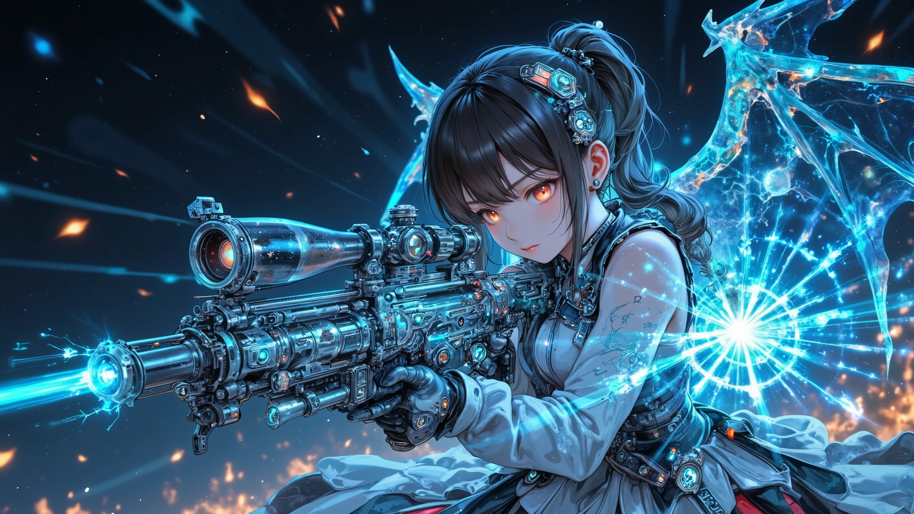 ((best quality)),( super high resolution ),(very well detailed),(Detailed Explanation),(( best CG )),(masterpiece),super detailed art,amazing painting art,(Sci-fi art with delicate details:1.5), female android without ear decoration, The face of a beautiful and well-equipped machine, Future large caliber heavy weapons, fluorescent color energy line, clear part armor, Wings of Light,  Storm of Fire,   light particles,  dynamic pose,  Dynamic Action