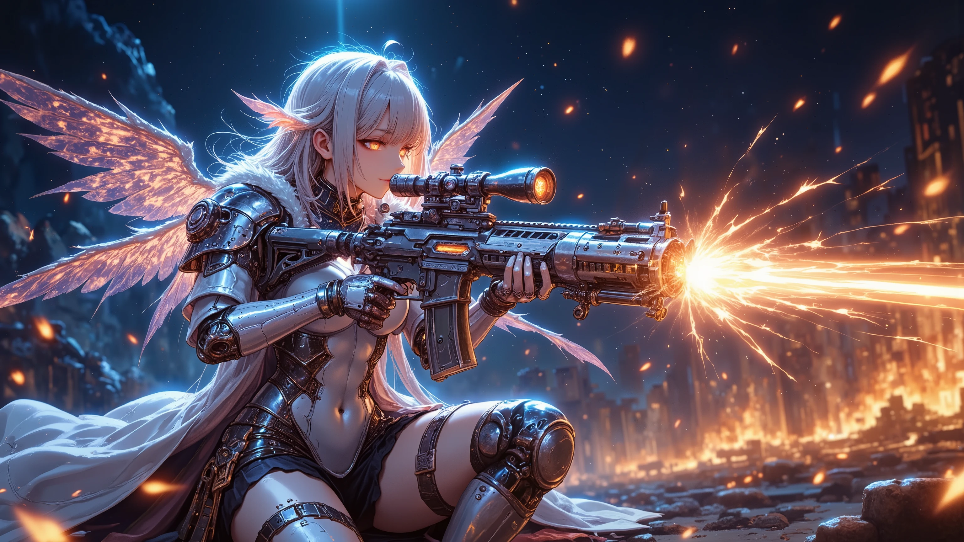 ((best quality)),( super high resolution ),(very well detailed),(Detailed Explanation),(( best CG )),(masterpiece),super detailed art,amazing painting art,(Sci-fi art with delicate details:1.5), female android without ear decoration, The face of a beautiful and well-equipped machine, Future large caliber heavy weapons, fluorescent color energy line, clear part armor, Wings of Light, Storm of Fire, light particles, dynamic pose, Dynamic Action