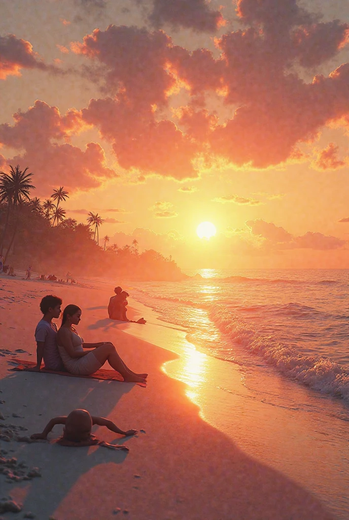 View of a paradisiac isolated Caribbean island, with palm trees an vegetation, clear sand, a couple of kidS with torn clothes, disheveled, sitting on a log near the water, fishing. Happy palette of colours. Sunny day.