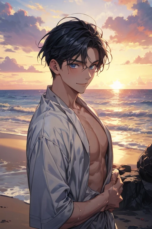 (masterpiece), ((sfw)), best quality, expressive eyes, perfect face, mature male, tanned, dark skinned male, (1boy, adult Man, young adult, young man), solo, red hair BREAK bob cut, green eyes BREAK male sweamwear, red shorts BREAK topless, looking at viewer, smile, closed mouth, sunset sky, outdoors, coast, grass, landscape, ((sfw))