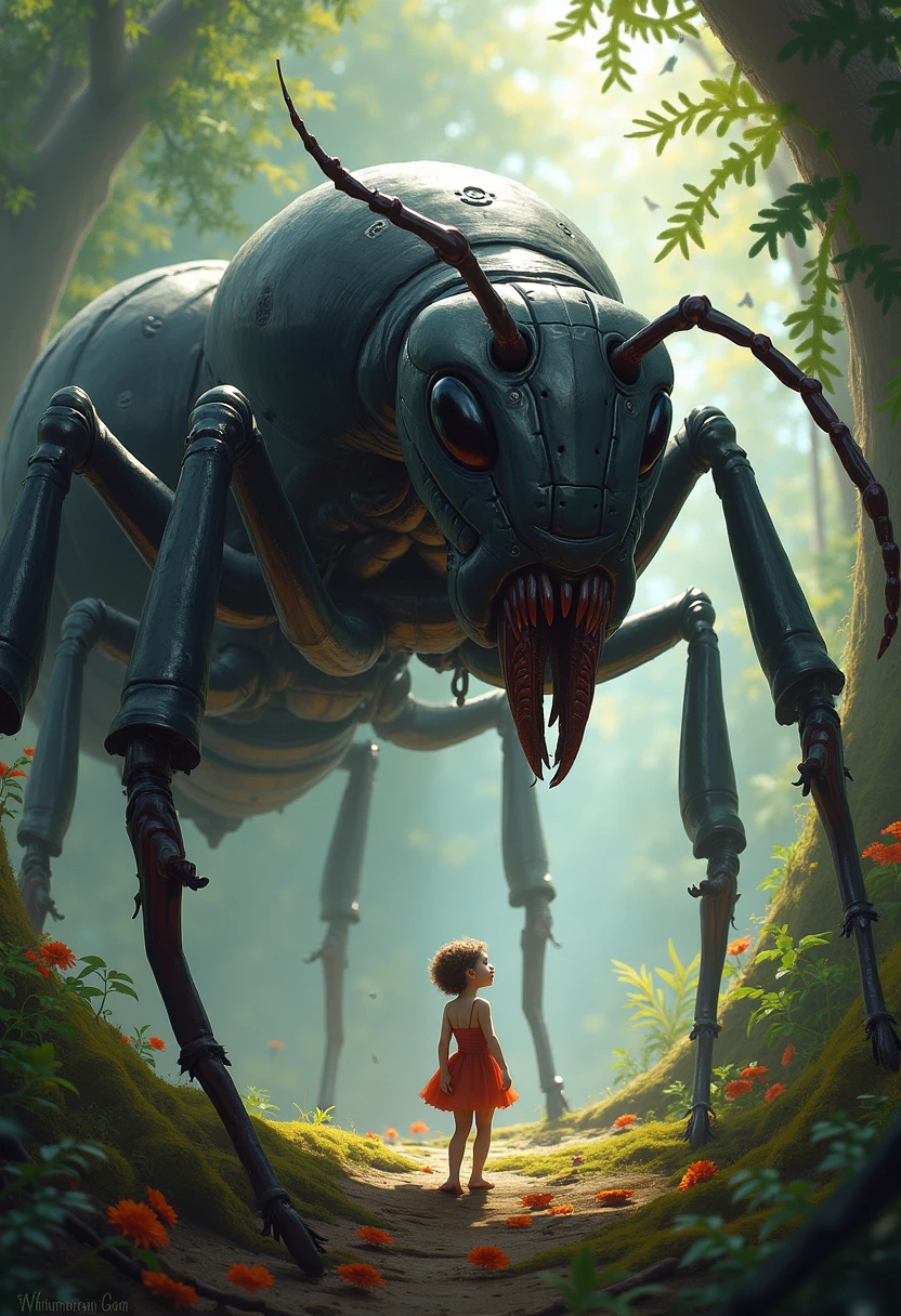 animation movie a little girl wearing white dress riding on the back of large alien insect, forest scene