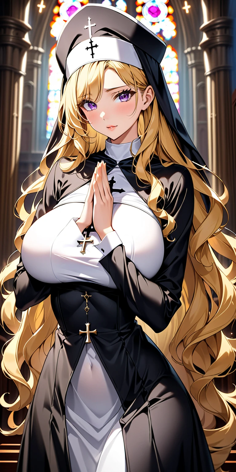 (high quality, 8k, 4K, high contrast, artwork:1.2, high quality, best aesthetics), (dynamic angle), ((1 woman)), erotic, sensual, mature body, super detailed, beautiful face detailed, beautiful eyes detailed, detailed beautiful mouth, adult woman, adult body, fleshy woman, sexy body, blonde hair, long hair, long straight hair, long bangs, blue eyes, sparkle in the eyes, long eyelashes, nun, nun clothes, calm expression, innocent, shy, church, centered.