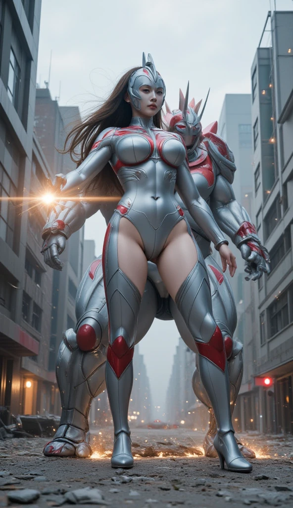 ((1girl/Ultraman Next/Giant/helmet with mask)), Unreal Engine 5/Mortal Kombat, anime style, Max resolution/quality/sharpness/detail spectator,giant1breasts,looking/facing/exhibitionist/holding futuristic gun/expression of hate, in a futuristic city raining/thundering.