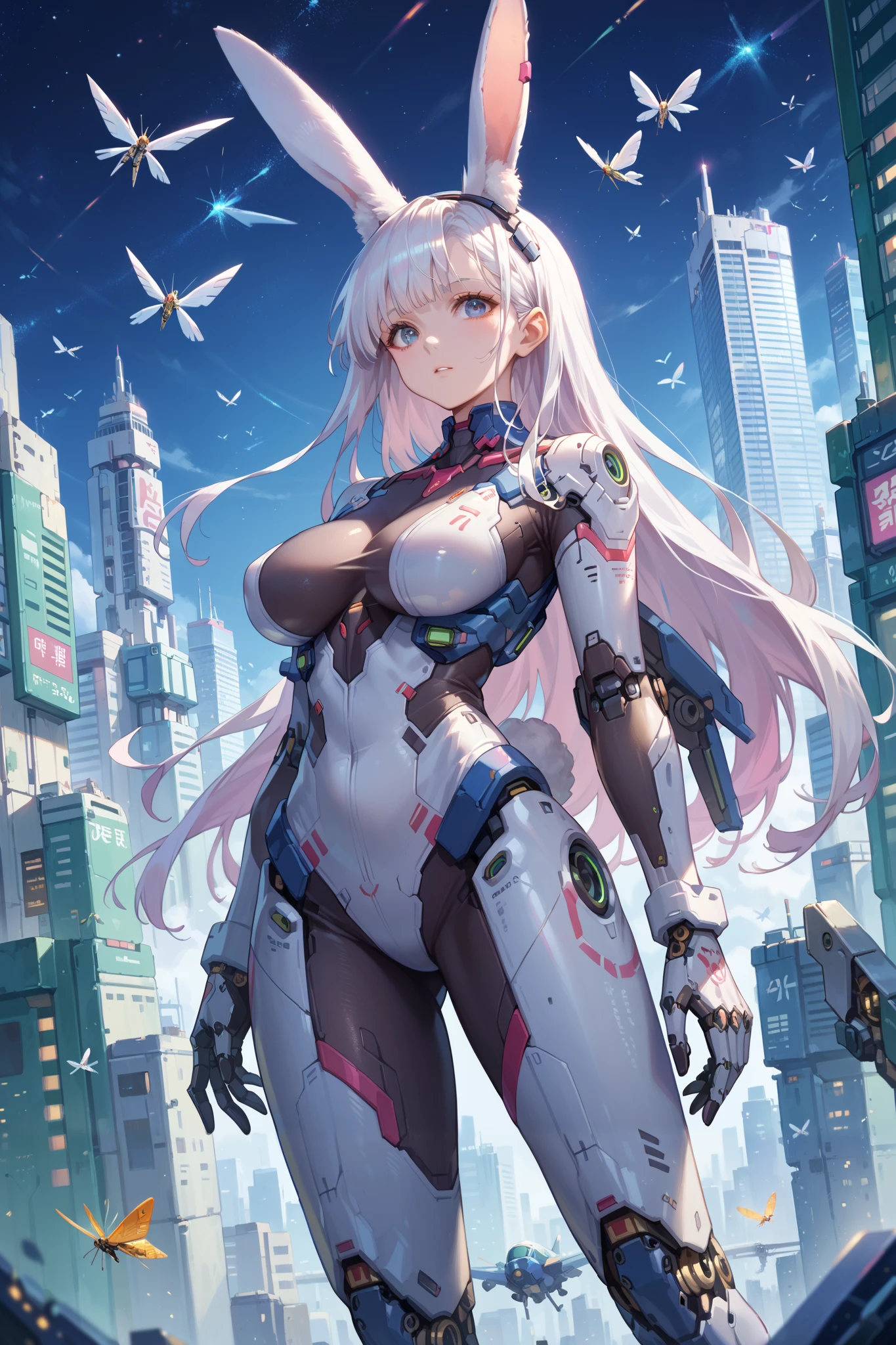 Japanese anime, long hair,alone,Mecha Girl, Big breasts, bodysuit, mechanical parts , ((Fly in the starry sky)),( masterpiece, best quality),sci-fi,Cyberpunk, cityscape, neon, Rabbit ears, bodysuit