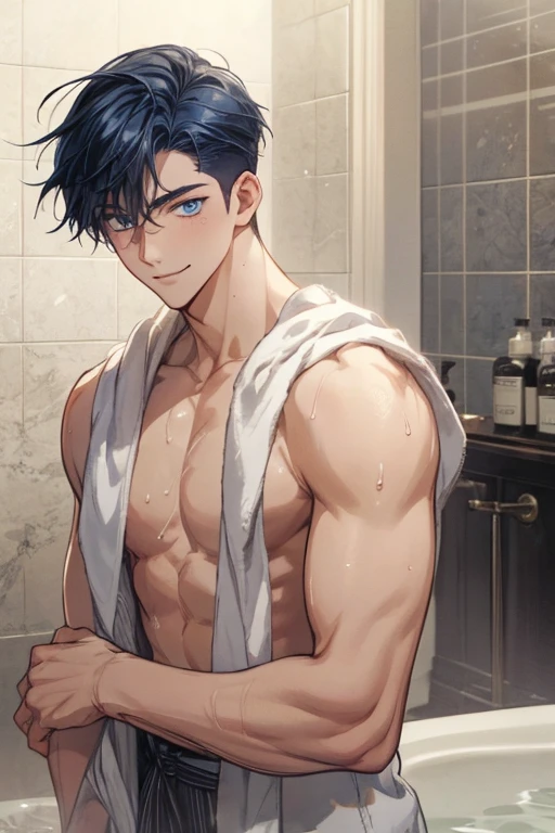 A Man taking a photo with his phone in the mirror whit black hair long up to the chest or shoulders with volume Blue eyes Male features showing the abdomen after getting out of the shower, his abdomen is wet, he has a towel at the waist Background: a bathroom