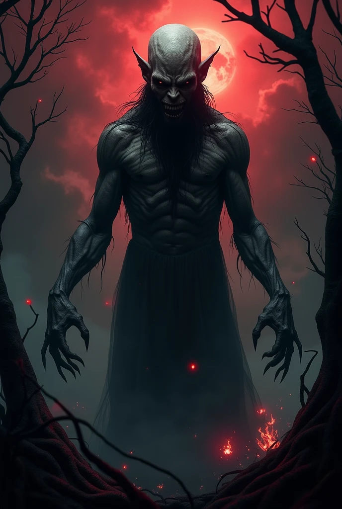 A towering, shadowy genderuwo ghost with fiery red eyes, long wild hair, and a tattered robe, stands in a misty, moonlit forest. The surrounding trees were bent and gnarled, and a dim, eerie light illuminated the scene, casting long, dark shadows.