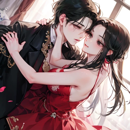 Masterpiece, best quality, 8k, Highly detailed, Very detailed,of a handsome young man,Wearing classic black aristocratic robes.,long black hair。His face was very striking.,The expression is focused and gentle.,Look at the woman next to you.。The girl wore a beautiful red dress,Elegantly curled hairstyle,It revealed a slender collarbone and delicate ears.。Her lips were slightly parted.,Feel a man's kiss。Their bodies were clinging together.,hands touching each other gently。All bedrooms are bathed in warm light.,The curtains swayed gently.,nighttime,starry sky,petals,Looking from the front to the side,The man bowed his head.,kiss the girl gently,Their bodies trembled slightly.,Feel each other's breathing and heartbeat.。The whole picture is full of romance and affection.,Let people feel the charm and power of love., Big tits, Big breasts, Beautiful breasts, pornographic
