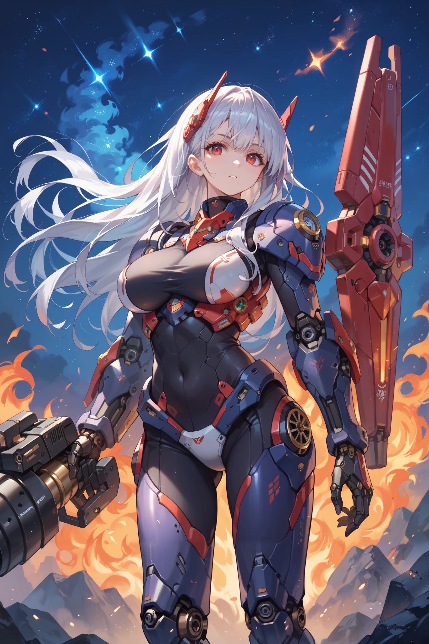 Japanese anime,alone,Mecha Girl, Big breasts, bodysuit, mechanical parts , ((starry sky)),night,( masterpiece, best quality), Long Silver Hair, red eyes,( black armor), Holding an electromagnetic cannon, On the battlefield,Fire