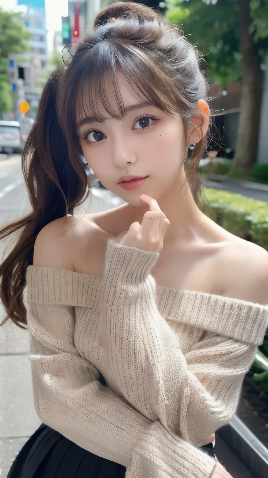 {{{masterpiece}}}, best quality, amazing, fine details, solo, cinematic lighting, close-up, {{floating hair}}, outdoor, detailed background, beautiful detailed eyes, dynamic pose, dynamic angle, looking at the viewer, detailed clothes, {best quality}, {highres}, original, extremely detailed 8K wallpaper, (shy), look at the camera, {an extremely delicate and beautiful}, 1 girl, exposed chest, open thighs,  brown hair, asymmetrical bangs, long hair, bangs, suction, floating hair, (mouth closed), full body, detailed face, ocean bottom, (white transparant knit sweater, skirt), navel, sun, smooth skin, ((both hands behind head)), upper body,
