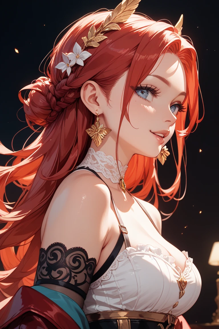 best quality, masterpiece, orange hair, green eyes, red fairy dress, 3/4 face profile, upper body, hair strand, split bangs, Fair skin, pigtail braids, hair accessories, perfect body, no extra body parts