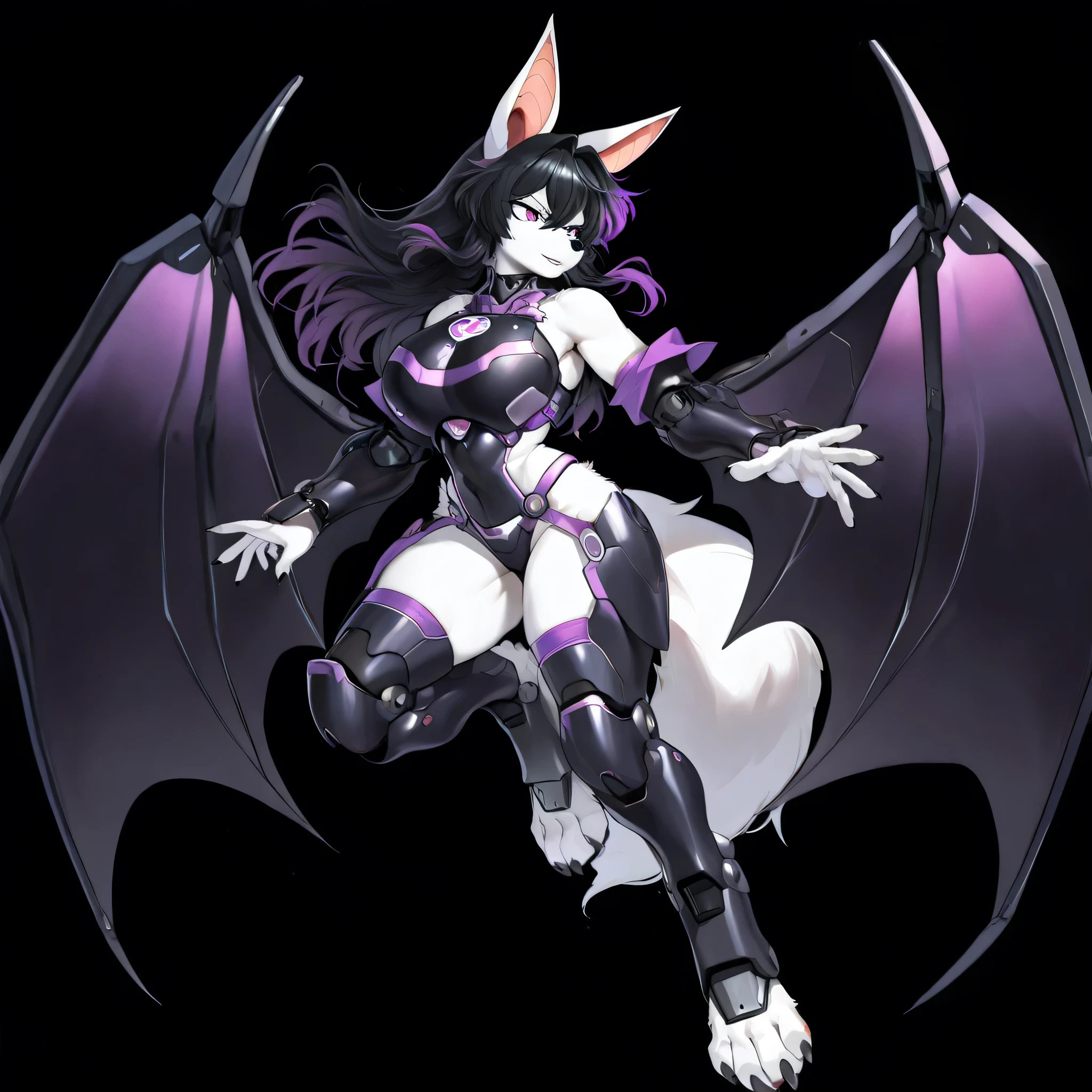 masterpiece, best quality, anime shading, full body picture, athletic body type, centered, three quarter view, 1girl, ((single view)), ((alone)), anthro, furry, fox female, ((white fox)), ((bat ears:1.5)), purple eyes, white fur, white skin, ((shoulder length black hair with purple highlights)), dynamic pose, amused expression, tall with large breasts, ((large black and purple wings)), ((bare shoulders)), white paws, black claws, black nose, digitigrade legs, digitigrade paws, big foot paws, ((wearing black mecha armor with purple trim)), ((cybernetic chest armor)), ((hip armor)), ((solid black background)), score_9_up, score_8_up, score_7_up, score_6_up, score_5_up, score_4_up, (safe content)