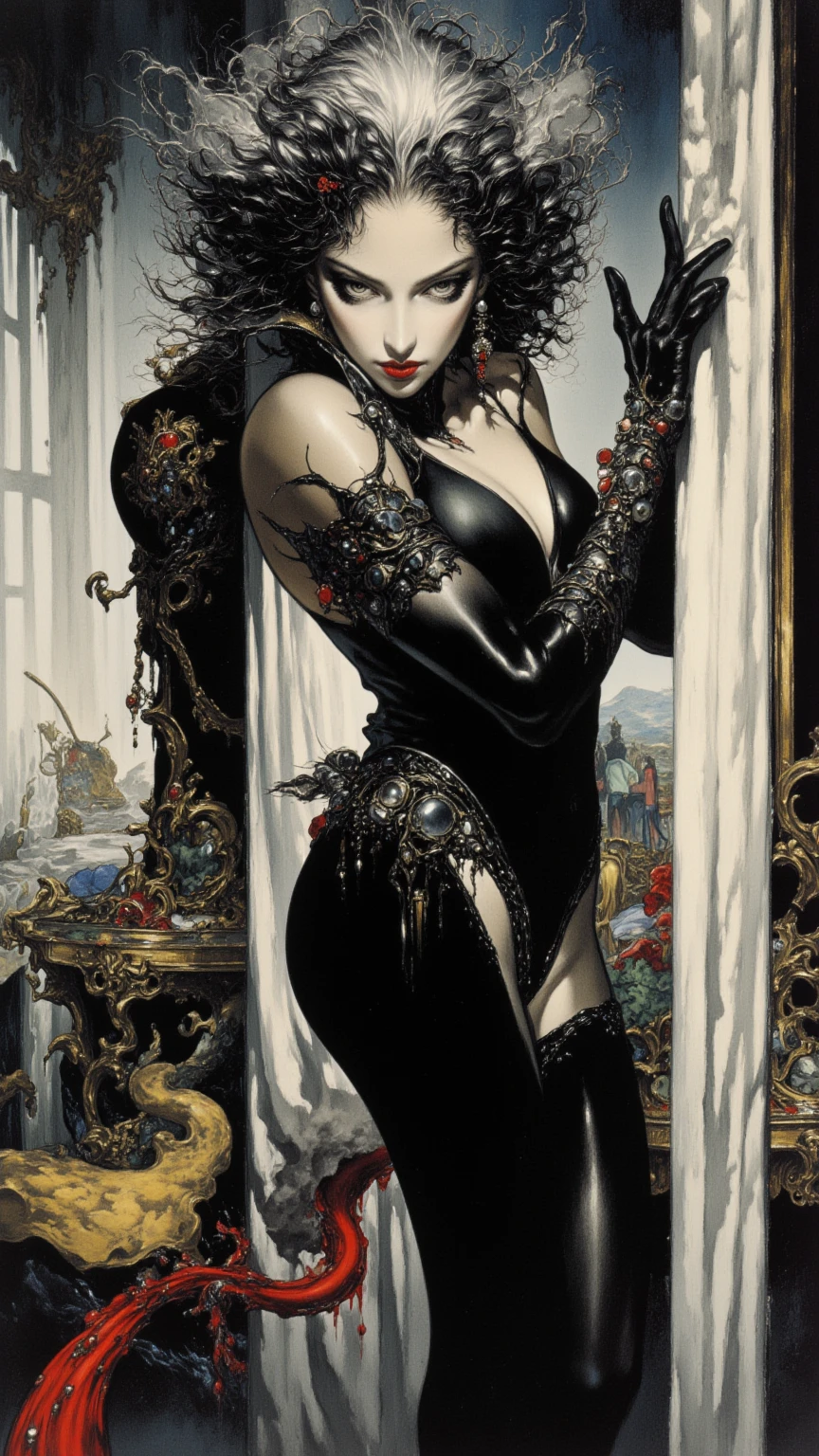 some sexy, dark, queen of hell, loneliness, magic,castle, tmari, sketch, traditional media, pen drawing, white background (art inspired by Bill Sienkiewicz). oil painting) 