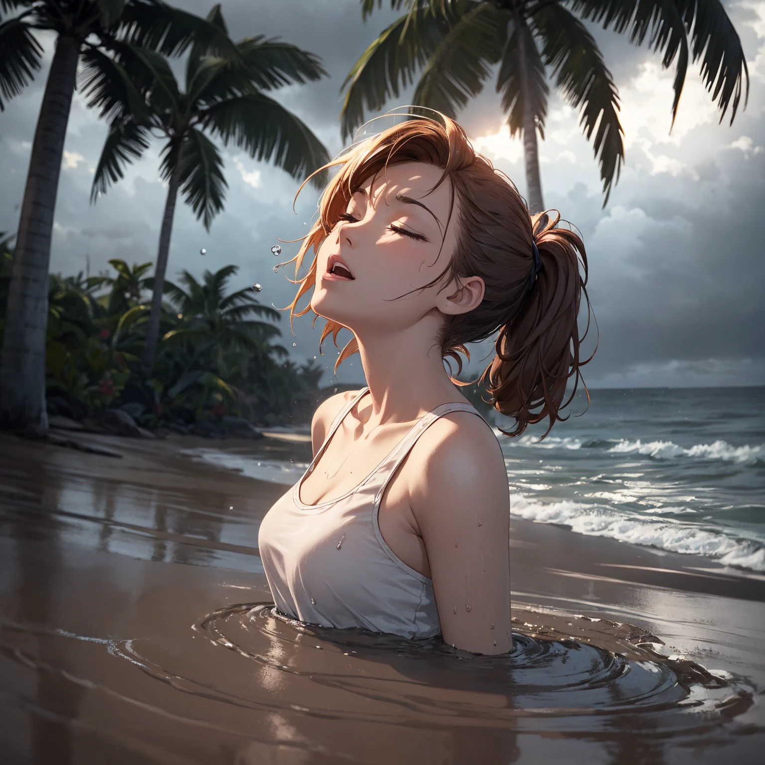 a hyper-realistic portrait of a young woman, half asleep, under a tree, inside a forest, lots of rain, in the middle of nature, 22 years old, realistic, (lying on her side), she is wearing a red panties, (wearing minimal dress), sexy, (huge breasts 2:1), wet clothing, short brown hair, (hair tied with bows), curved, SFW