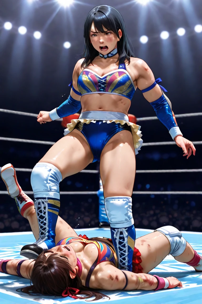 Female professional wrestler、Fighting Pose、smile、((On the Ring))、((Spotlight))、(((large stadium)))、((Super big breasts))、(Saggy breasts)、((Ultra tight uniform))、Wristband、(((A flashy costume with a bizarre pattern)))、((Elbow Support))、((Knee support))、Taping on fingers、I can see your abs、Bikini Style、Hairstyle with bangs、((Sweat))、((Match venue))、A large audience、Very beautiful woman、((Female Athletes))、(Detailed face)、Realistic skin、((Delicate photo)),(Girl Masterpiece RAW Photo Details:1.25), (Highest quality:1.6), (Ultra-high resolution:1.5), (Realistic:1.75), 8K resolution, Canon EOS R5, 50mm, Absurd, Ultra-detailed,Cinema Lighting、