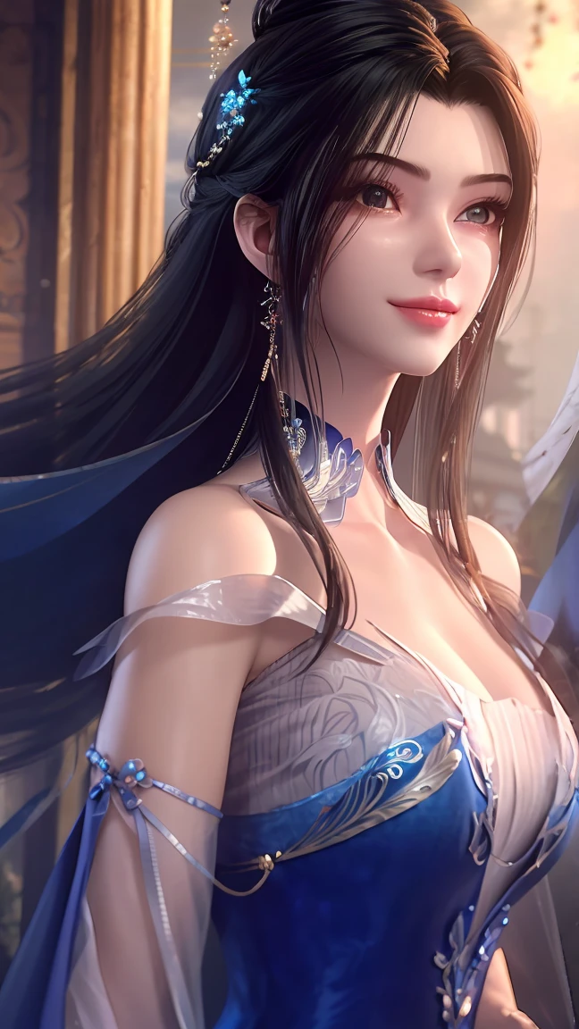 1 charming beautiful girl in hanfu dress, blue thin silk top with white patterns, white lace trim, purple-black long ponytail, hair jewelry, ear jewelry, necklace and necklace, big blue eyes meticulously drawn, meticulous makeup, thin eyebrows, high nose, pretty red lips, no smile, pursed lips, rosy cheeks, enlarged breasts, huge breasts, well-proportioned breasts, slim waist, mesh stockings blue, loose hand, chinese hanfu style, fictional art textures, vivid and realistic colors, RAW photos, realistic photos, ultra-high quality 8k surreal photos, (great lighting effects) ) awesome: 1.8), 10x pixels, magic effect (background): 1.8), super detailed eyes, girl upper body, girl portrait, girl alone, hanfu history background,