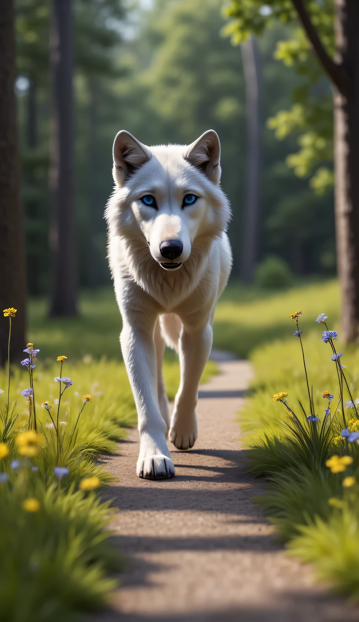  (masterpiece), best quality, 1wolf,  realistic, highly detailed, shallow depth of field, sharp focus, hyperrealism, cinematic lighting, photorealistic style, 8k solution, a large grey is walking down a forest path, forest floor covered with green grass and wild flowers, 