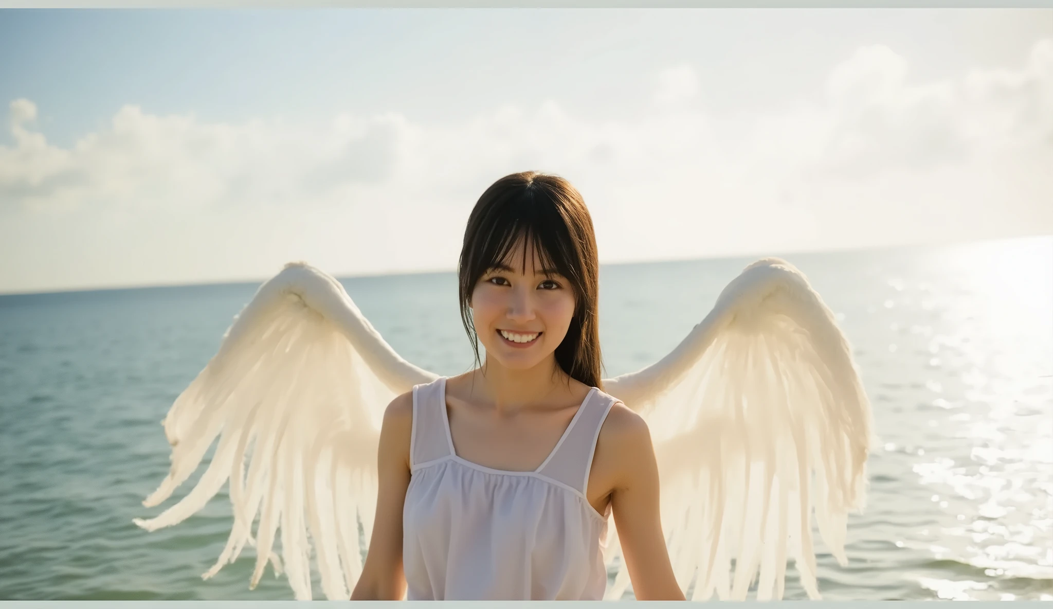 angel girl with white feathers、blonde、long hair、pair of bird feathers on its back、Aerial、white kantou 、halation、Front Map、sky background、Asahi、ocean、