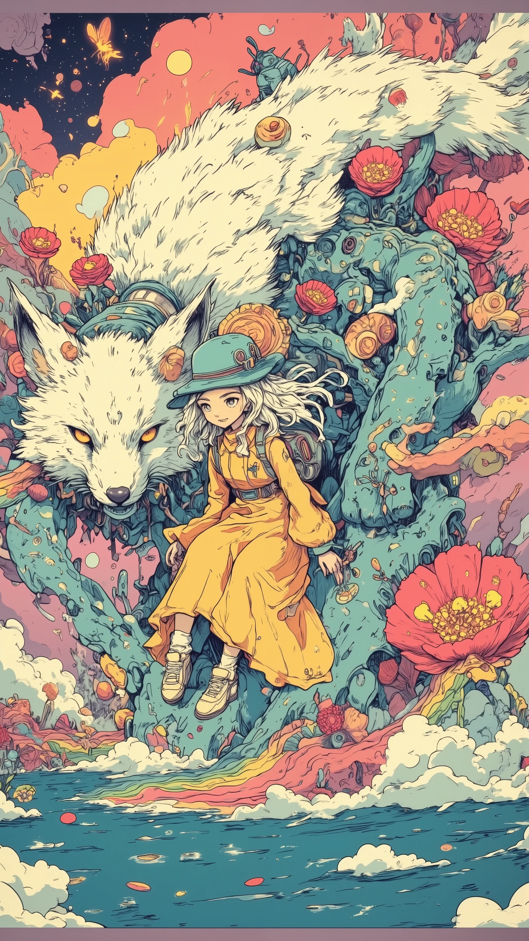 Vision,unreal colors in the sky with purple and pink gradients,Create a dreamy atmosphere,Petals are condensed from liquid rainbows,will flow to neighboring flowers when touched and reshaped,firefly figures sleeping in flower pistils,will wake up when the moonlight shifts the angle and dance mechanical dance, girl(silver-white curls, long hair,gentleman hat with a mint green head,Creamy yellow long dress,off-white canvas shoes)rides a giant snow fox in the lake