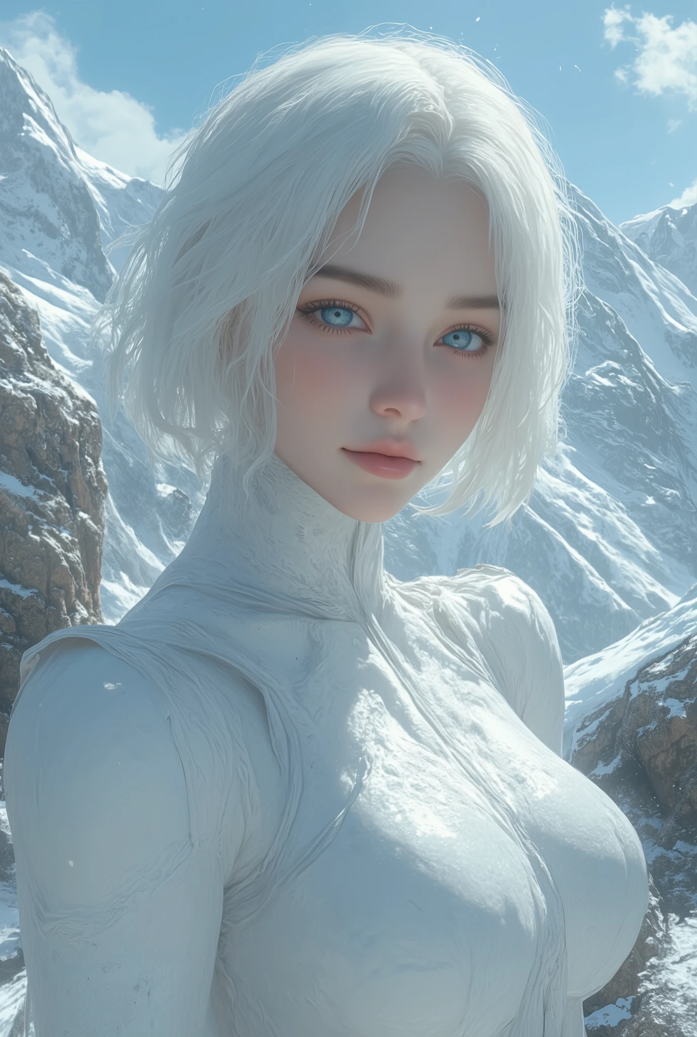 (ultra Realistic) , (illustration), (Enhance resolution), (8k), ( Extremely Detailed), ( detailed face ), Slim Body, in the dark , deep shadow, low profile, pureerosfaceace_v1, Happy smile, Winter, Mountain