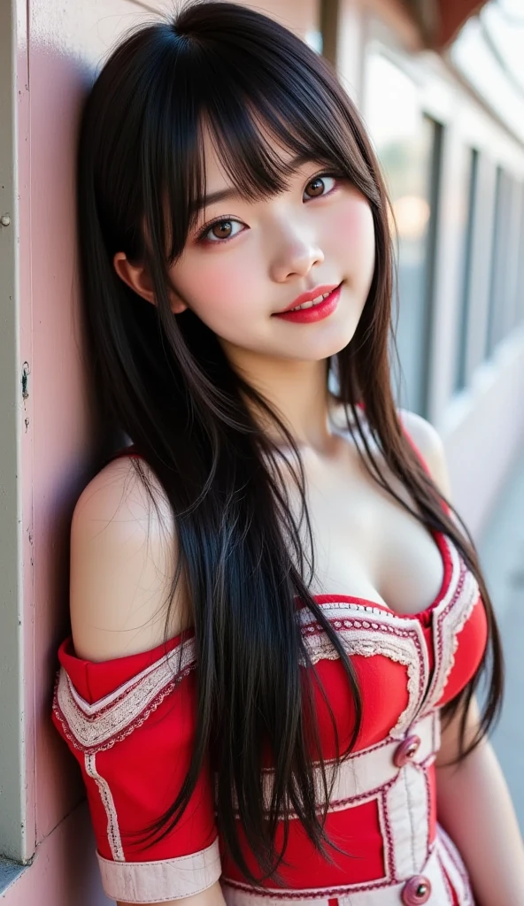 Shining, clear, white skin、Her windblown black hair hides her beautiful face.、huge、Sexy beautiful face of 28 years old、Beautiful straight hair that stands out、growing up, glowing light brown eyes、Sexy long silky bangs covering the eyes, Sexy young woman with super long hair hiding her sexy face、Shiny black hair、(((Sexy Woman)))、The cleavage is visible,Red sexy dress