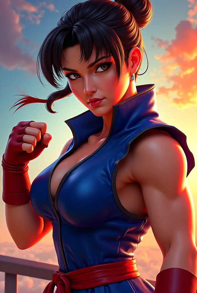 Juri Han, Street Fighter(master part, best qualityer, ultra detali, best shade), (detailed backgrounds, Looking at Viewer, Serious, vred), face detailed, (better lighting), ((cinematic light)), fullcolor, hyper detail, dramatic light, details Intricate