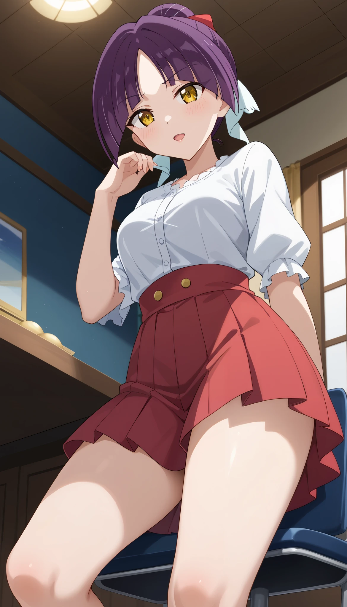shinkai makoto, kimi no na wa., 1girl, bangs, black hair, blush, brown eyes, idol, idol clothes, collarbone, red headband, red ribbon, bow hair ornaments, black bikini, pink skirt, short skirt, Off-the-shoulders, black thighhighs, short hair, smile, cute, solo, modelling, room, love hotel