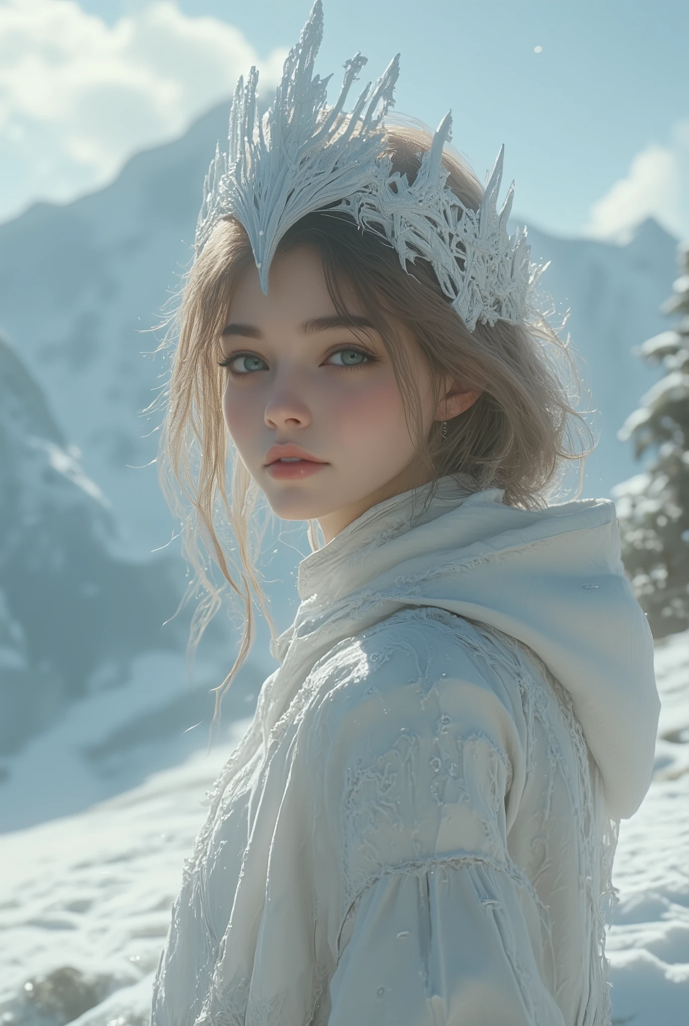 (ultra Realistic) , (illustration), (Enhance resolution), (8k), ( Extremely Detailed), ( detailed face ), Slim Body, in the dark , deep shadow, low profile, pureerosfaceace_v1, Happy smile, Winter, Mountain