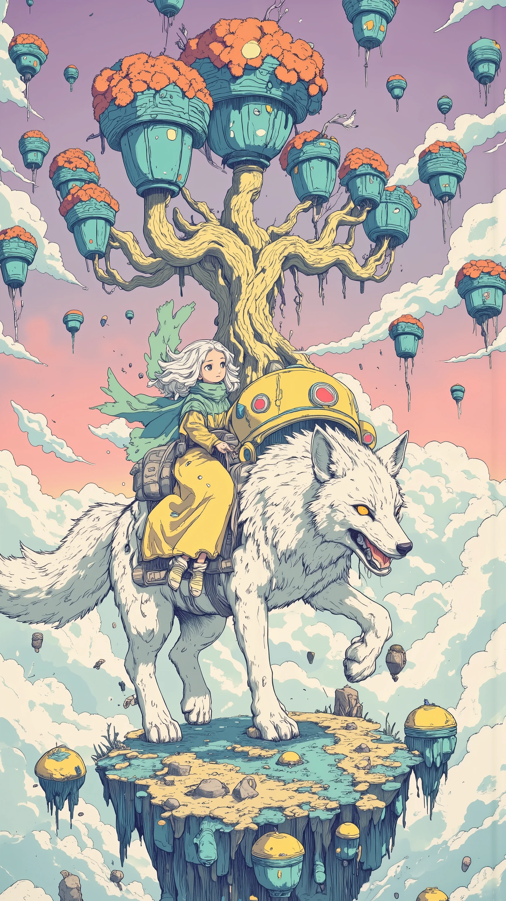 Imagine，The unreal colors in the sky have purple and pink gradients，Create a dreamy atmosphere，and thousands of crystal flower pots upside down in the air，The roots grow upward and wind up into a floating island，  girl（silver-white curls，  long hair，head wearing a mint green gentleman hat，Long Dress，off-white canvas shoes）ride a giant snow fox in the lake
