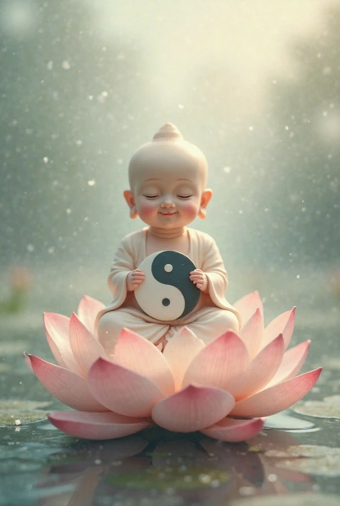a baby monk in a serene garden, surrounded by the tranquility of nature. The baby, with gentle features and an expression of pure innocence, is dressed in a simple, traditional robe. In their small hands, they hold a glowing blue orb of energy that radiates a soft, pulsing light. The garden around them is lush with green plants and colorful flowers, creating a vibrant contrast with the mystical aura of the orb. The baby, absorbed in their own focus, seems to be in harmony with the energy they carry, creating a scene of peace and magic.
