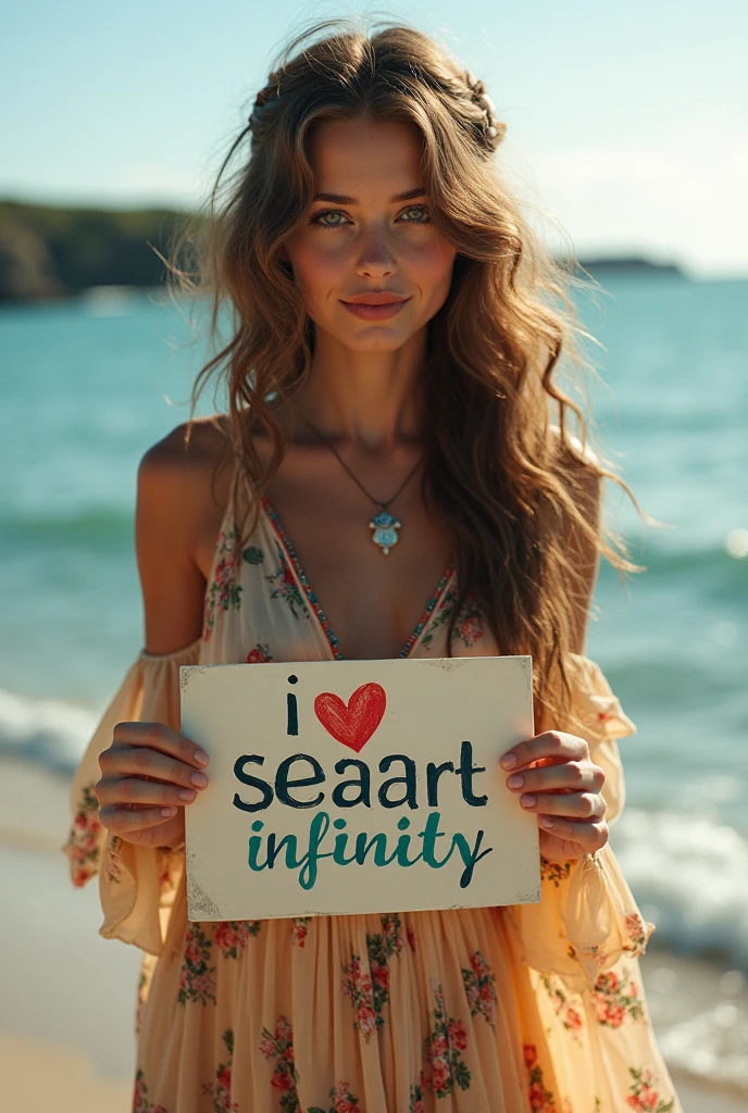 Beautiful girl with wavy long hair, bohemian dress, holding a white board with text "I Love Seaart Infinity" and showing it to the viewer