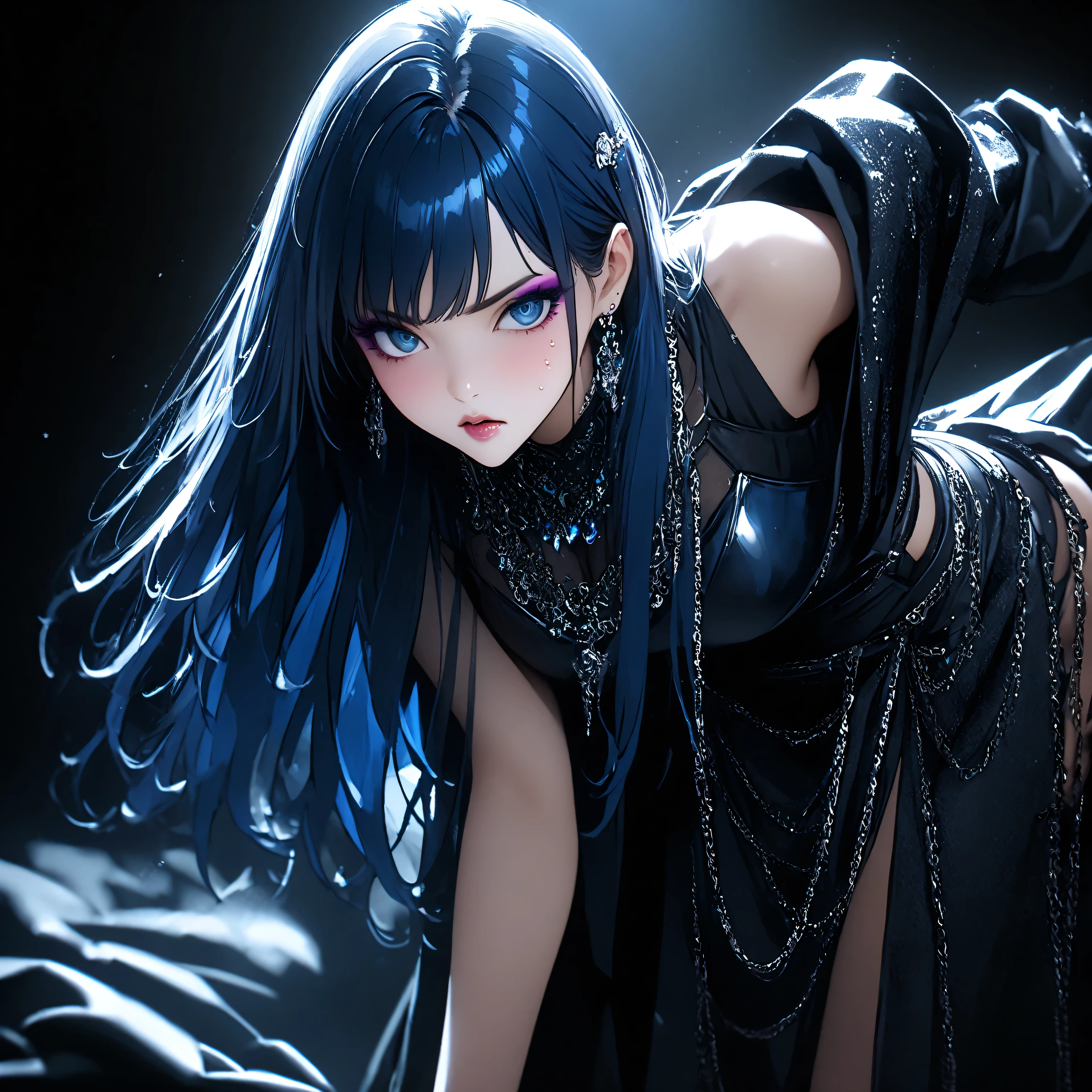 best quality、 ultra-precise depiction、 bright colors、beautiful oriental woman 、aldult、fashion photo、artistic、Oil Wind、One person、up、portrait、40 years old、tall、long legs、 accurate facial depiction、 Darkness、spotlight、 Kasumi、Blackout、metal bed、Black Bikini Armor、レースup、Beautiful big 、Blue Hair、straight hair、 skin radiance、 bending forward、 hair conceals face、Painful Expressions、Sweating、Beautiful figure 、random suspect、Hitoye、Light、Half an eye、droopy eyes、Cut length、sharp eyes on wrists、stares、angry、 Tilt Your Head、hair ornament、heavy makeup、blue rouge、dark eyeliner、eyeshadow、Glitter on hair 、slender figure、metal chain、 Lots of Gems、jewel necklace 、ring、 bangle、earrings、headband