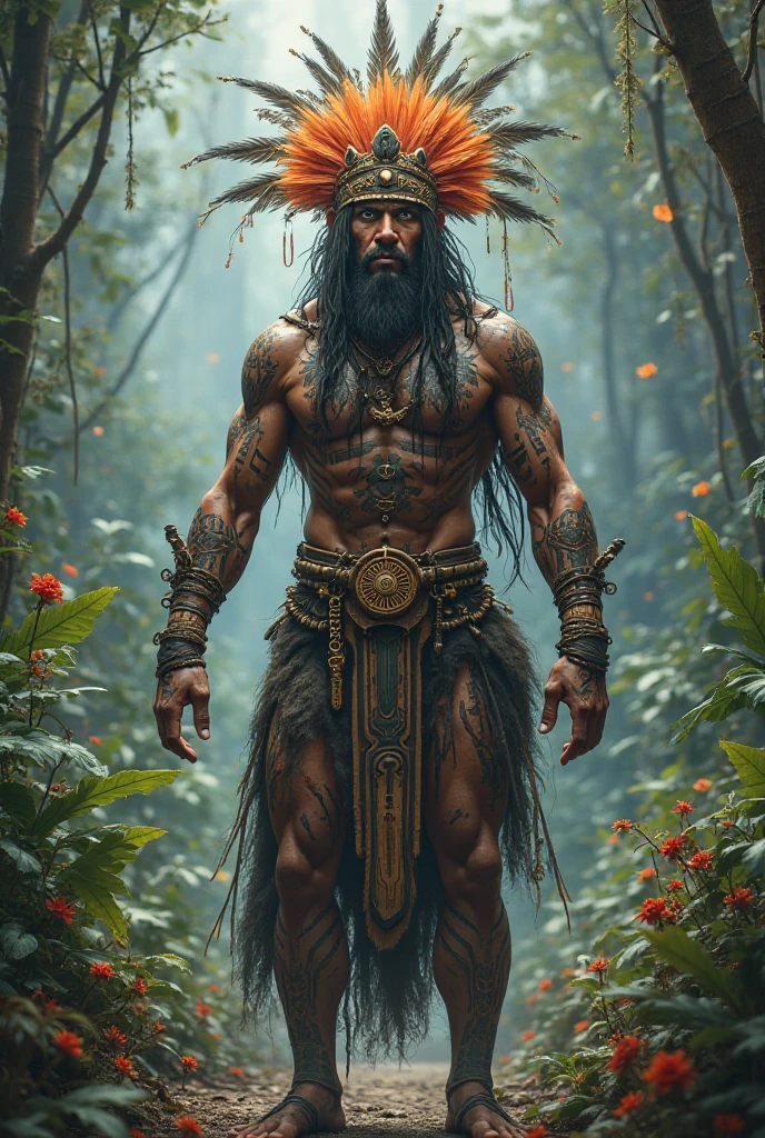 Brazilian Botocudo indigenous warrior standing with spear in hand